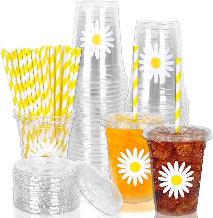 Whaline 50Pcs Daisy Cute Disposable Plastic Cups with Lids and Straws 12Oz Cold Beverage Drinking Cups for Wedding Birthday Baby Shower Favor Supplies