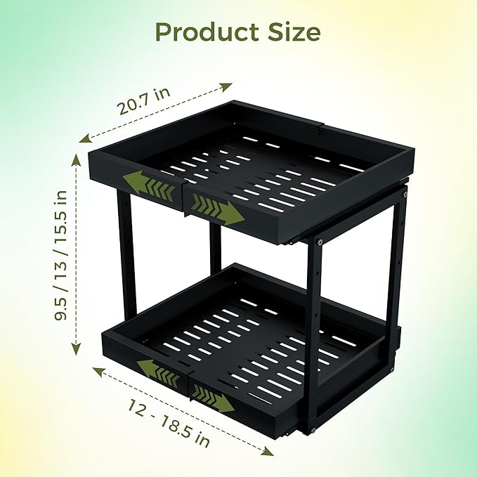 Abalter Expandable Pull Out Cabinet Organizer,2-Tier Slide Out Drawer for Kitchen Cabinets,Adjustable Width 12–18.5",Slide Out Shelves for Kitchen Countertop, Bathroom, Pantry, Heavy Duty Caddy(Black)