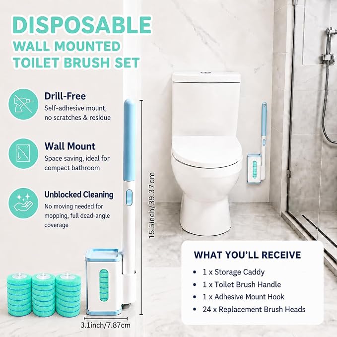 Disposable Toilet Brush with Wall Mounted Holder, 24 Toilet Wand Refills | Touch-Free Brush with One-Button Release, Bathroom Cleaning Set for RV & Small Bathroom, Light Agarwood Scent