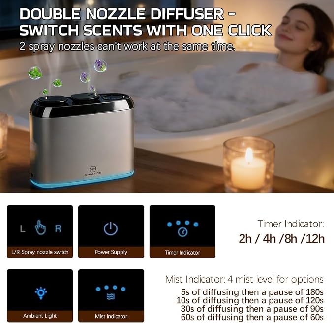 2026 Dual Nozzle Waterless Diffuser with APP & Button Control | Cordless Portable Aroma Diffuser with APP & Button Control, LED Ambient Light for Home Bedroom Office Travel Camping