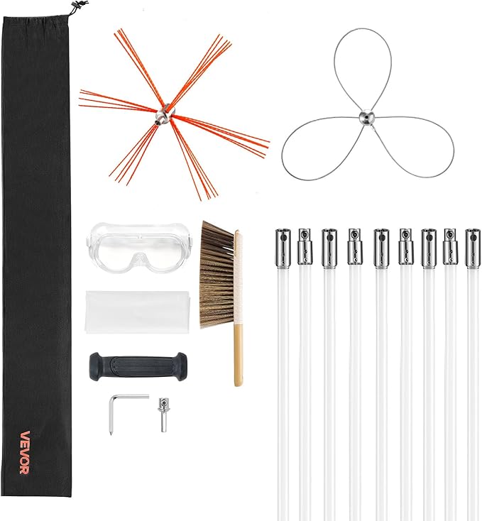 VEVOR Chimney Sweep Kit, 30 ft Maximum Extendable Length Chimney Brush, Chimney Cleaner Sweeper with Dual Brush Heads, Brush & Goggles, Fireplace Cleaning Tool for Square, Rectangle, Arch Chimneys
