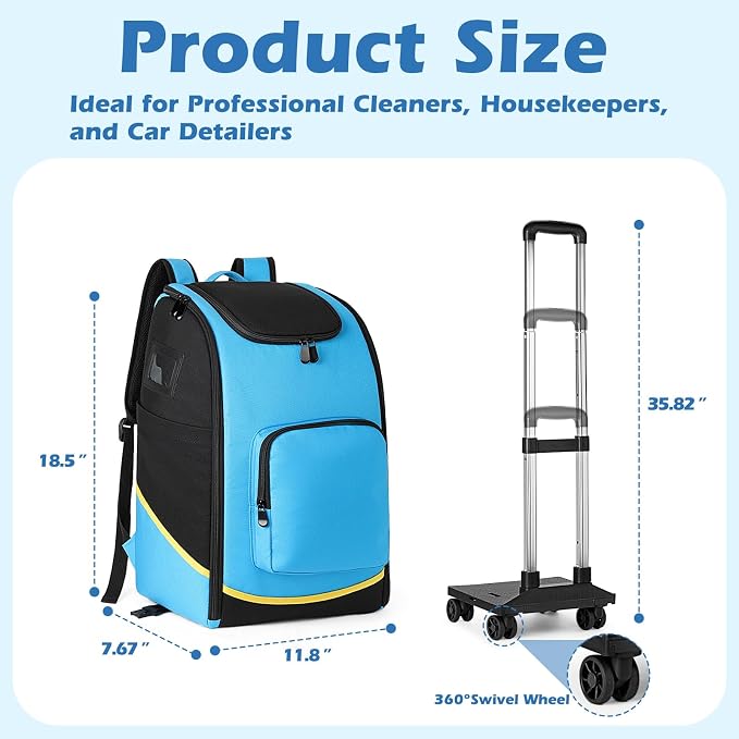 Rolling Cleaning Caddy Bag with Wheels, Large Cleaning Supplies Organizer Backpack with Detachable Trolley and Cleaning Apron for Housekeepers, Home, Hotel & Car Detailing