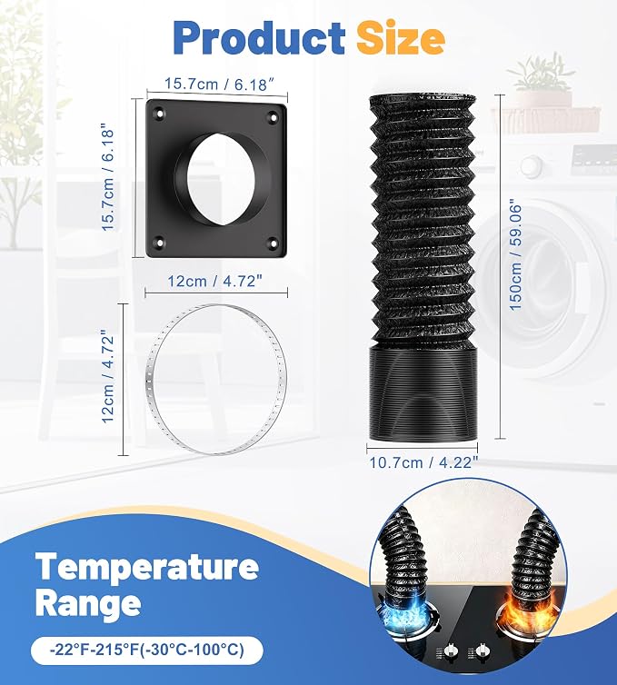 Magnetic Dryer Vent Connector Kit with 3.3ft Flexible Aluminum Foil Hose, 4'' Quick Release Airtight Seal Dryer Duct Connection, Fire-Resistant Airtight Seal & Reinforced Wall Connector (black)