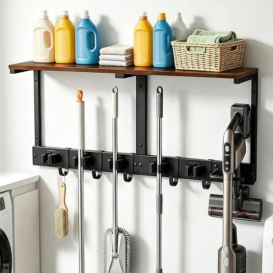 Novabright Heavy Duty Broom Holder Wall Mount with Cleaning Supplies Organizer, 27 Inch Laundry Room Shelf Broom and Mop Organizer Wall Hanging with Mop Hanger, Vacuum Grip Hooks, for Home Garage