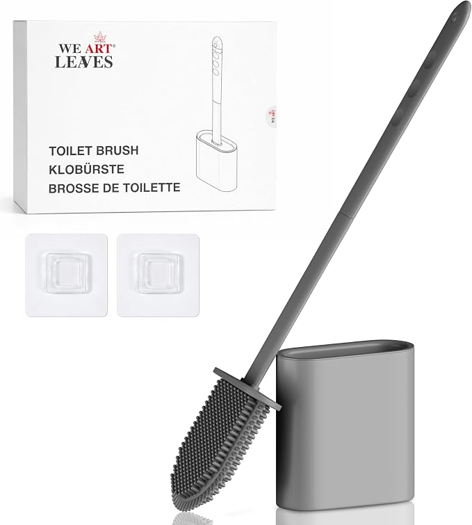 Modern Minimalist Silicone Grey Toilet Brush and Holder Set – Pack of 1 Wall Mounted Toilet Bowl Brush – Long Non-Slip Handle, Flexible Bristles for Self-Cleaning & Splash-Free, Easy-Rinse Design