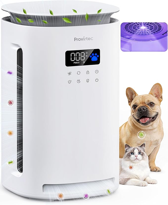 Provirtec Pawtent Pro Pet Air Purifier, 2-Year Filter Life, H13 True HEPA | UV-Ion Tech, 99.23% Pet Odor & 99.97% Allergies & 99.70% Pet Hair Reduction, Auto Mode for Cats Dogs Home Large Room