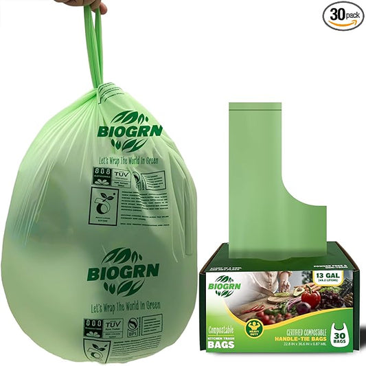10-13 Gallon Compostable Trash Bags with Handles Tie 30 Bags Biodegradable Garbage Bags Food Scrap Green Waste Bags Thick 0.87 Mil 49.21 Liter ASTM D6400, US BPI and OK Compost Home Certified