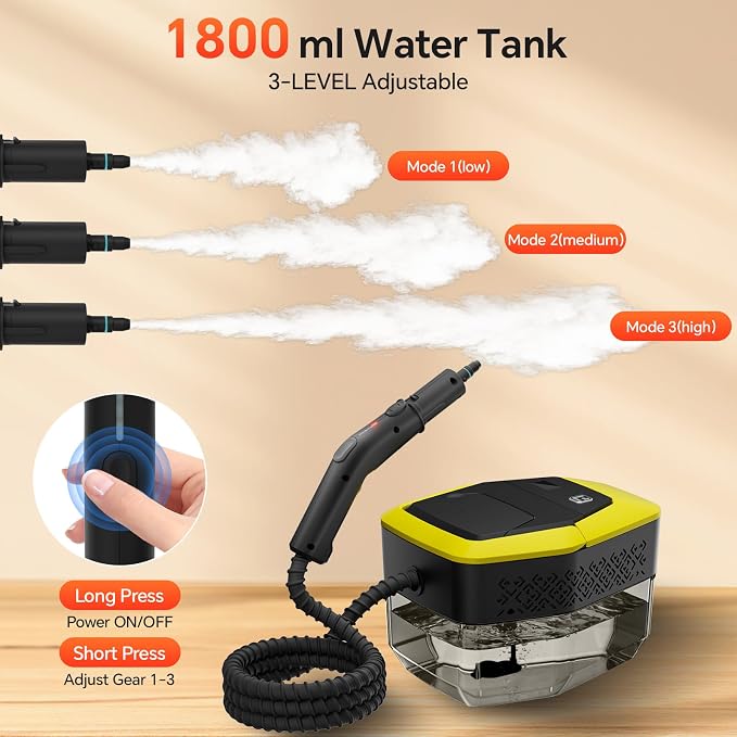 Heapsion Steam Cleaner, Steamer for Cleaning with 15s Fast Heat-Up, 6 Adjustable Levels, 12-Piece Accessories, 1500W Portable Steam Cleaner for Grout, Tiles, Kitchen, Car Detailing, Yellow