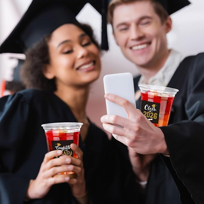 Amyhill 60 Pack 12oz Graduation Cups 2026 Graduation Decorations Disposable Plastic Cups Sturdy&Durable Drinkware for Class of 2026 Decorations Congrats Grad Party Favors Supplies (Black)