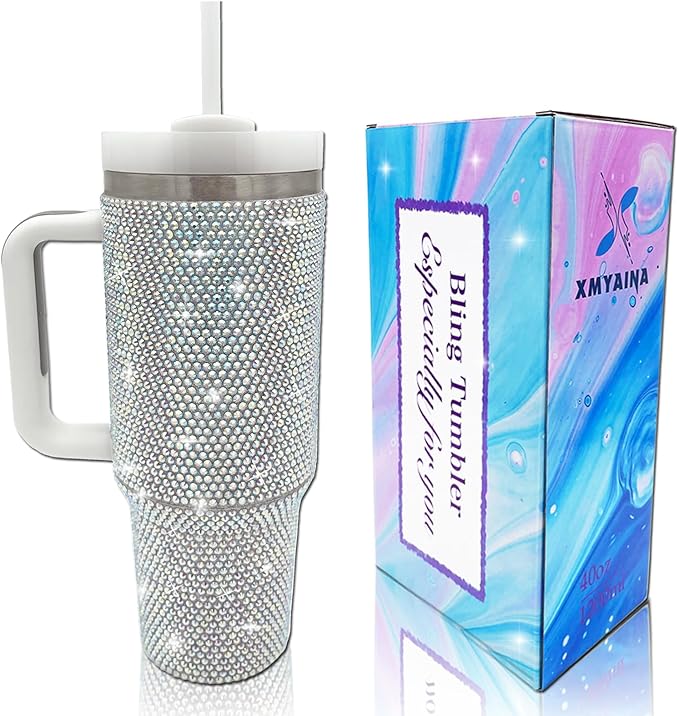 40oz Bling Tumbler with Handle and Straw Lid Rhinestone Studded Tumbler Cups Vacuum Insulated Stainless Steel Double Wall Water Bottle Travel Mug Gifts for Women Her (Polar Light)