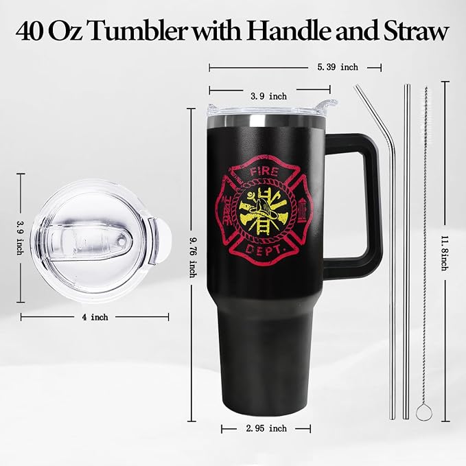 Ceovfoi Firefighter Gifts for Men,40 oz American Flag Tumbler with Handle Lid and Straw Stainless Steel Cups Mug, Firefighter Stuff Supplies Accessories