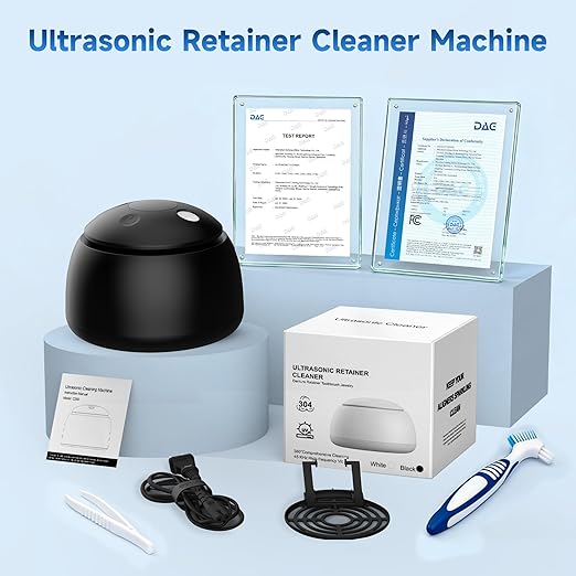 Ultrasonic Retainer Cleaner Machine, 45kHz Denture Dome with UV Light,Dental Cleaning POD for Aligners, Mouth Guards, Night Guards, Toothbrush,Jewelry,200ML Capacity (Black)