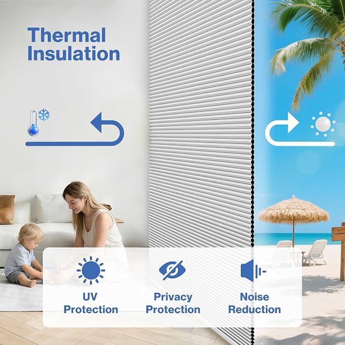No Drill Cellular Shades, Light Gray Custom Size Cordless Light Filtering Pull Down Pleated Honeycomb Blind Thermal Insulated Easy Install for Indoor Window Bedroom Living Room Kitchen Door