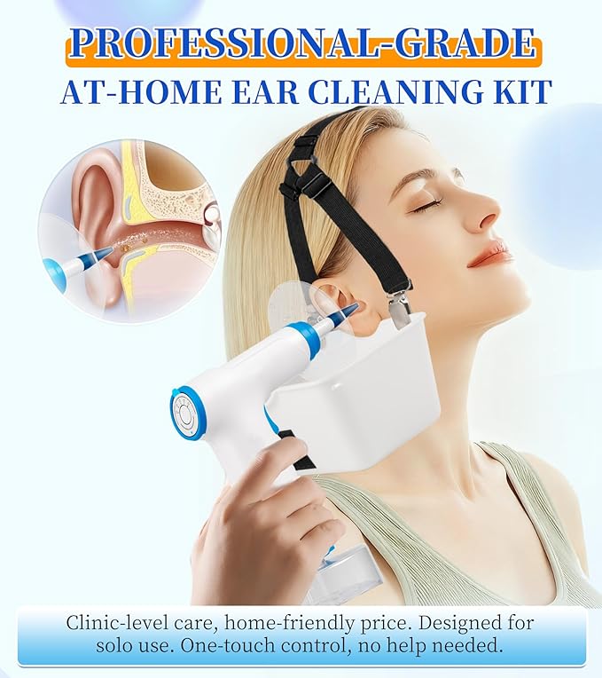 Ear Wax Removal,Electric Ear Flush Kit for Safe Solo Use at Home,Ear Cleaning Tools with 4 Pressures Modes & LED Light, Includes Basin, Towel & 15 Tips