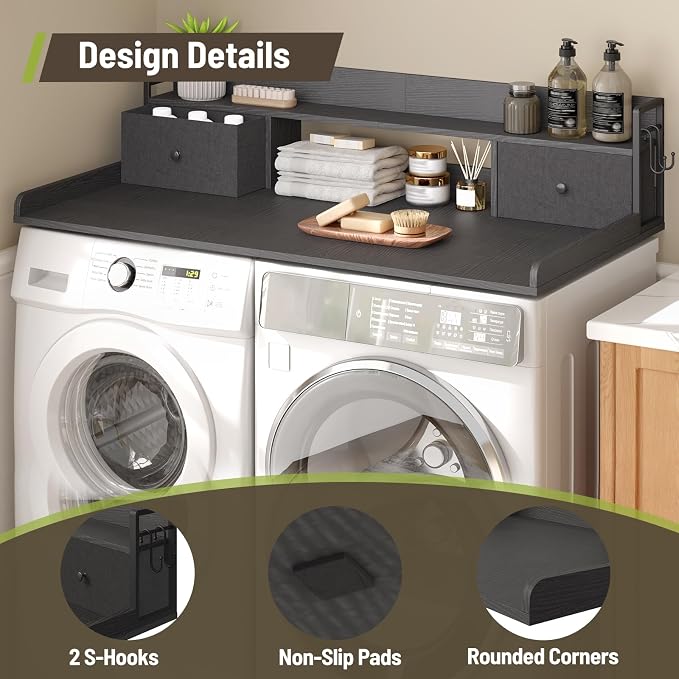 2-Tier Washer Dryer Countertop with 2 Drawers & Shelf, 2 Hooks, 27.7" D x 54" W Laundry Topper, Wooden Washer and Dryer Shelf for Folding Clothes and Storage, Easy to Install, Black