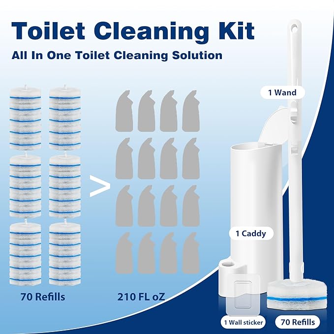 Disposable Toilet Brush with 70 Toliet Wand Refills, Toilet Brush and Holder, Wall-Mounted Toilet Bowl Wand Kit, Toilet Cleaning Supplies, 1 Pack.