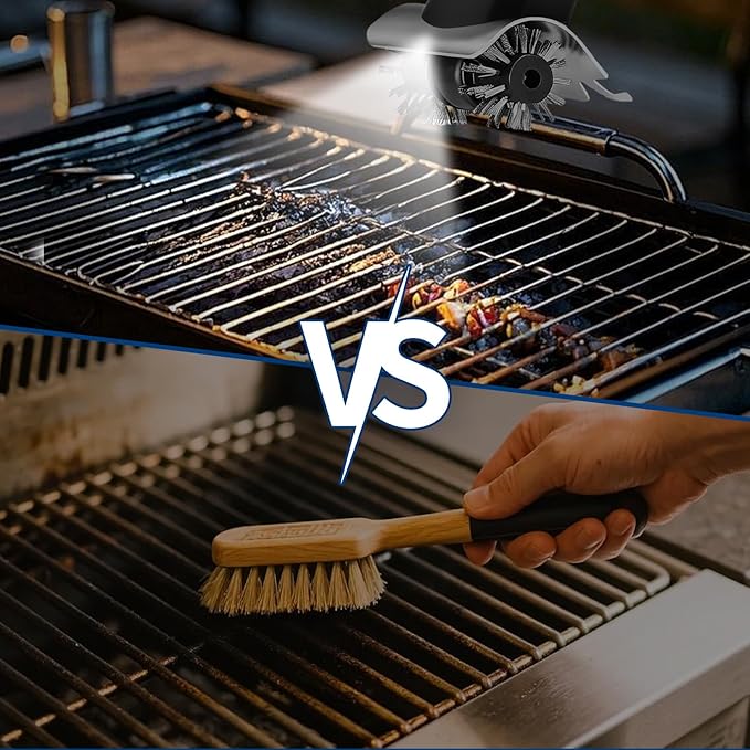 Electric Grill Brush for Outdoor,Cordless Rechargeable Grill Brush with 370 RPM & LED Light,Dual Steel Brushes for Husband Father Birthday BBQ Gifts