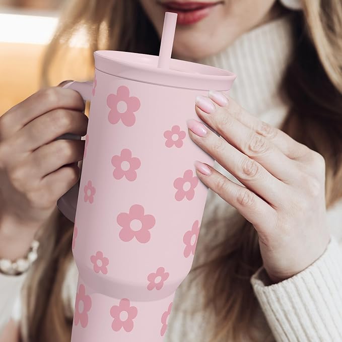 Floral Tumbler with Handle and Straw 40oz Stainless Sleel Slider Tumbler Travel Coffee Mug for Women - Gift Idea for Birthday Christmas