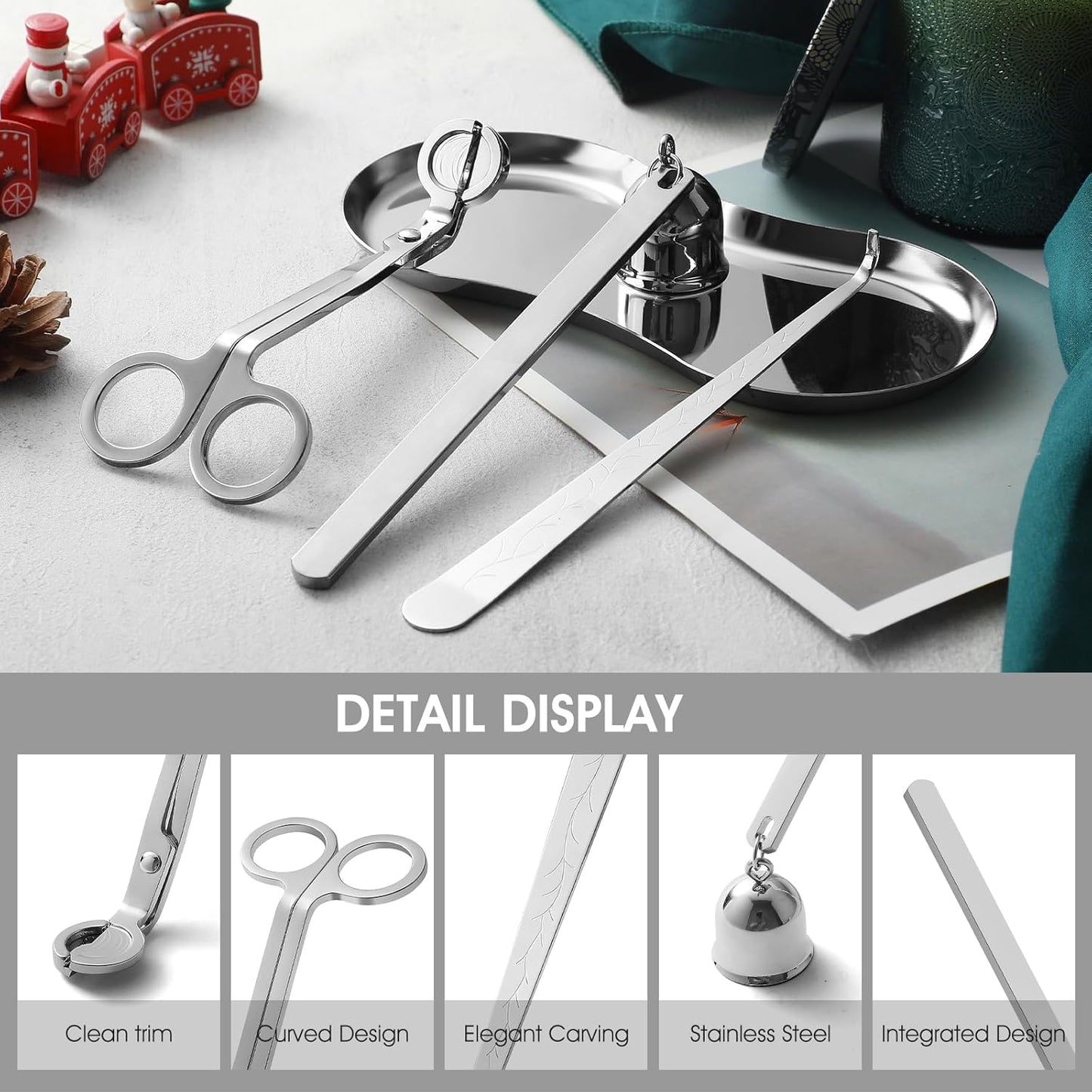 PATOISE 4 in 1 Candle Accessory Set, Candle Wick Trimmer Cutter, Candle Snuffer, Candle Wick Dipper Mini, Tray Holder in Gift Package for Candle Aromatherapy Lovers(4PCS Silver)