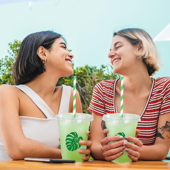 Whaline 50Pcs Tropical Palm Leaf Disposable Plastic Cups with Lids and Straws 12Oz Green Monstera Cold Beverage Drinking Cup for Summer Hawaiian Luau Birthday Party Supplies