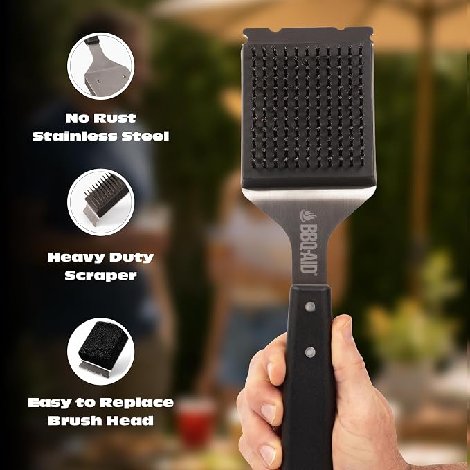 Wire Brush & Scraper for BBQ Grill Cleaning with Replaceable Head - Black | Heavy-duty stainless steel with a long acacia wood handle for better grip and a convenient replaceable head.
