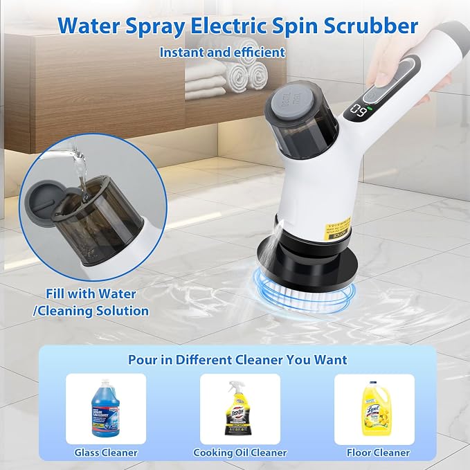 11 in 1 Electric Spin Scrubber Cordless Shower Scrubber with 2 Adjustable Speeds Spray Shower LED Display Shower Cleaner Brush with Long Handle for Bathroom Floor Tub Tile Toilet IPX7 Waterproof | Shower Scrubbe LED Display Shower Cleaner Brush with Lo...