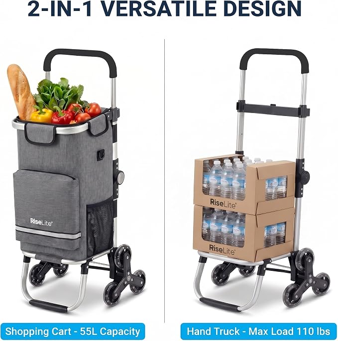 Stair Climbing Cart - Shopping Cart with Wheels for Stairs, Foldable Tri-Wheel Grocery Cart for Seniors & Apartments, 55L Bag with Insulated Cooler, Adjustable Handle, 110 Lbs, Waterproof