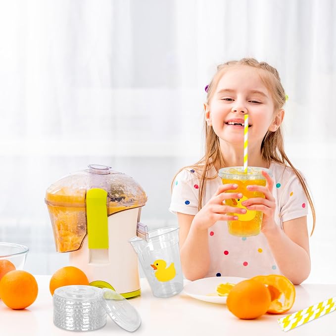 Whaline 50 Pcs Yellow Duck Plastic Cups with Lids and Straws 12 Oz Cute Duck Beverage Drinking Cups for Birthday Summer Pool Beach Party Supplies