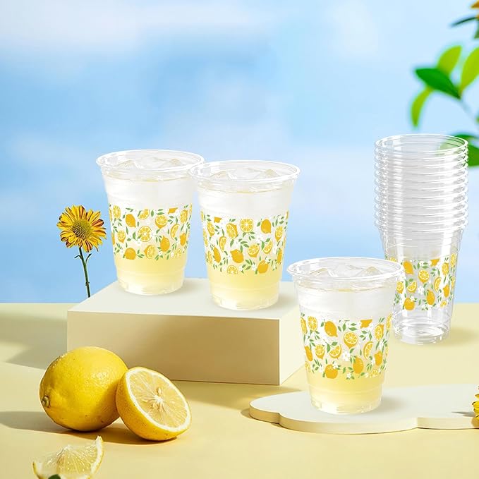 100 Pack Lemons Plastic Cups 16 oz Yellow White Fruit Flower Disposable Cup Clear Lemons Summer Spring Party Favor Drinking Cold Beverage Cup for Party Supplies Decorations