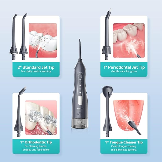 COSLUS Water Dental Flosser Teeth Pick C20: Portable Cordless Oral Irrigator 300ML Rechargeable Travel Irrigation Cleaner IPX7 Waterproof Electric Flossing Machine for Teeth Cleaning, Grey