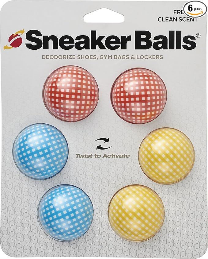 Sneaker Ball Shoe Odor Eliminator & Remover - Fresh, Clean Scent Blocks Odors - Twist-to-Activate - Compact & Durable - Fun, Colorful Designs - Ideal for Shoes, Gym Bags, Lockers, Checkered, 6 Pack