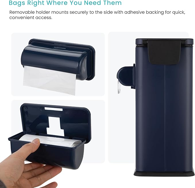 Home Zone Living 3 Gallon Slim Rectangular Dog Waste Trash Can with Bag Holder, Stainless Steel, Matte Navy