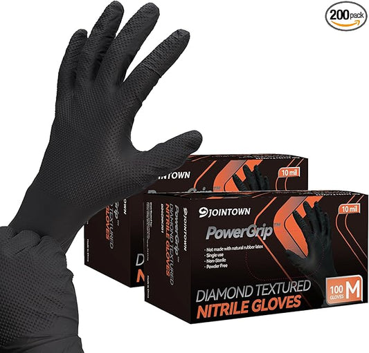 Jointown Upgraded 10 Mil Heavy Duty Nitrile Gloves, Mechanic Gloves Nitrile Disposable, with Raised Diamond Texture, Case of 200, Black, Medium