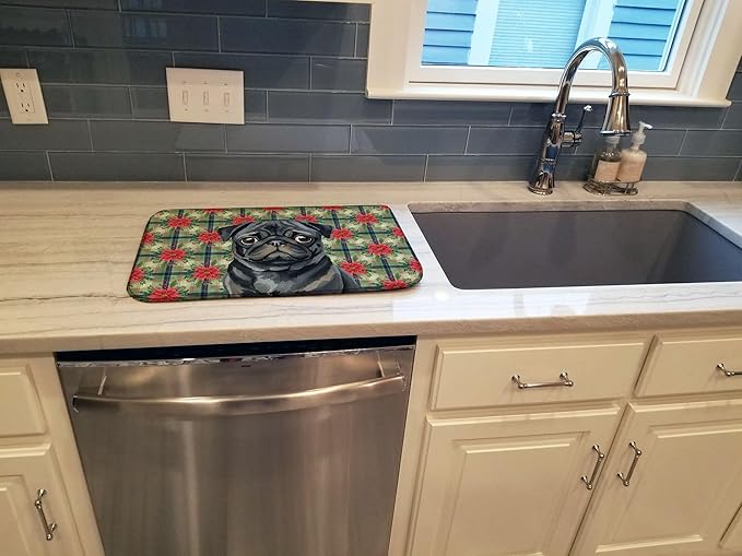 Caroline's Treasures Black Pug Christmas PoinsettIas Dish Drying Mat Absorbent Dish Drying Mat Pad for Kitchen Counter Dish Drainer Mat for Countertop, 14 x 21", Multicolor