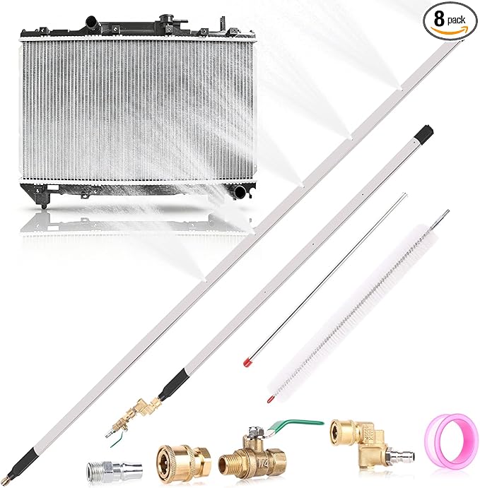 44" and 24" Radiator Cleaning Wand 8-Piece Set, 4500 PSI Stainless Steel Dual Water/Air Pressure Washer Wand with Adapter Set, Sealing Tape and Cleaning Brush for Cars, Trucks, Heavy Equipment