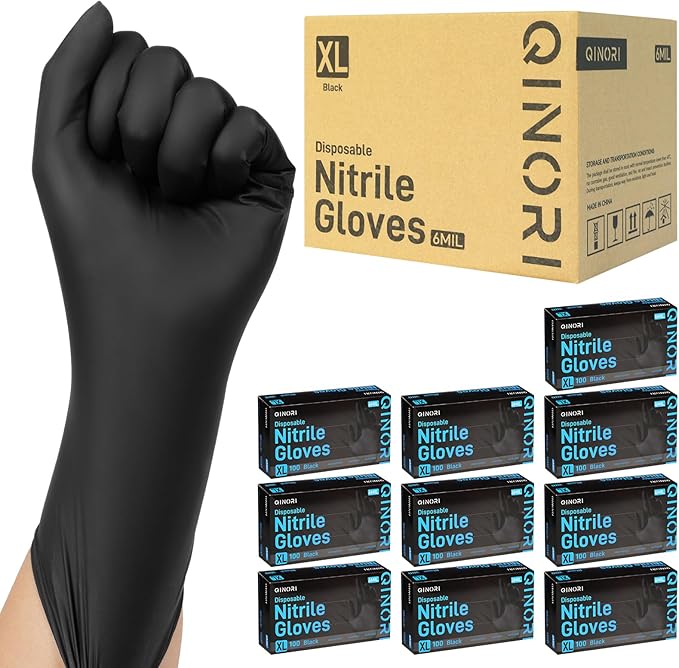 Black 6 Mil Nitrile Gloves HEAVY DUTY Disposable Chemical Resistant Latex & Powder Free,Food, Mechanic,Cleaning Gloves