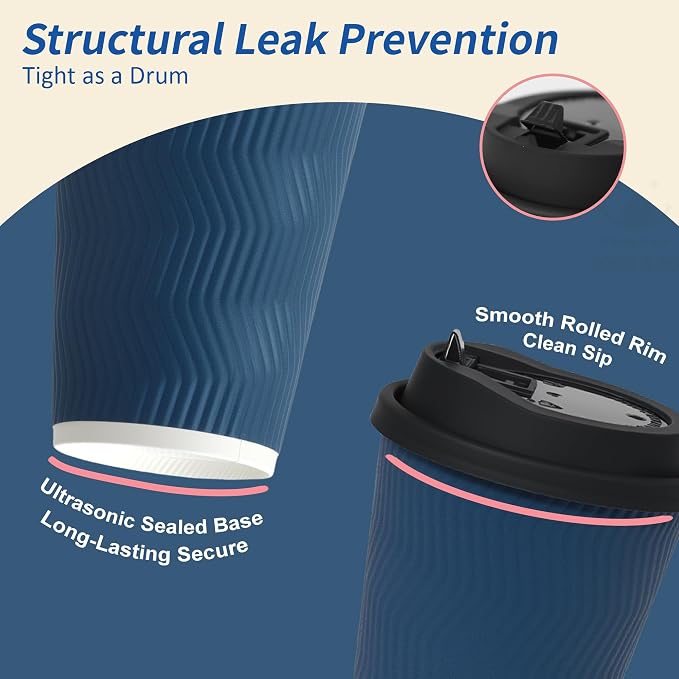 16 oz 100 Pack Corrugated Ripple Wall Disposable Coffee Cups with Lids and Straws, Heavy Duty Insulated Cups for Hot Beverage or Cold Drinks, Bulk for Restaurants, Offices, Coffee Shops(Blue)