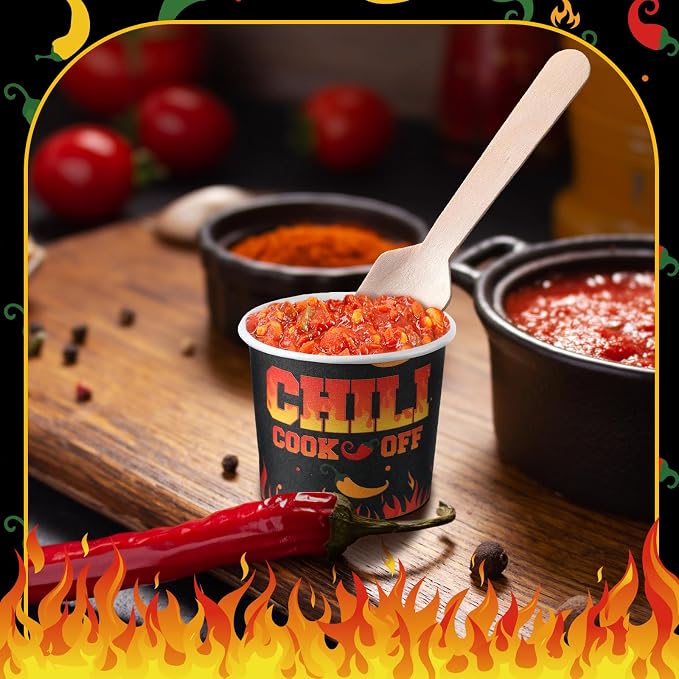 Teenyyou 100 Pcs Chili Cook off Party Decorations, 50 Pcs 2 oz Mini Chili Cook off Tasting Cups Disposable Sample Paper Cups and 50 Wooden Spoons for Competition Prizes Party Cooking Supplies(Black)