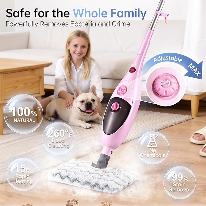 12-in-1 Steam Mop Cleaner, 15-Sec Fast Heat-Up, 1200W Floor Steamer with Double-Sided Pads, Removes 99.99% Stubborn Stains for Hardwood Floors, Marble, Clothes, Windows, Tiles, White