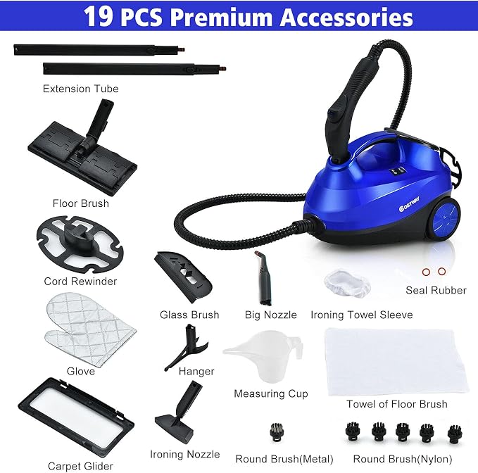 Moccha 2000W Steam Cleaner w/ 19 Accessories, 2000 W Household Steamer w/ 1.5L Tank for Chemical-Free Cleaning, Heavy Duty Household Cleaning Machine for Floors, Windows, Cars (Blue)
