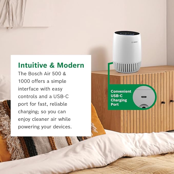 BOSCH Air Purifier for Home, Small Spaces (Covers, 500-sq ft), 2-in-1 Filter for Pollen, Smoke, Dust, Dander, Outdoor Pollution, Odors, Air 500, White