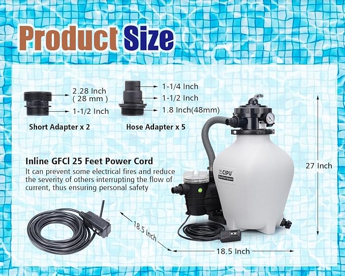CIPU 14 inch Sand Filter Pump System Handy 6-Way Valve for Above Ground Pools with 0.5HP Prefilter Pool Pump with Timer 115V 25FT Inline GFCI Power Cord for Easy Installation