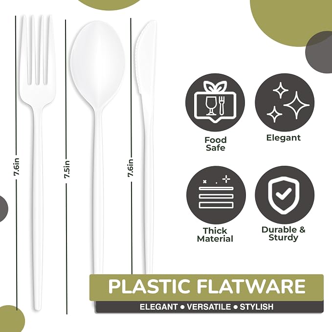 Trendables Disposable Plastic Cutlery - 120 Pack White Plastic Knives, Silverware Set