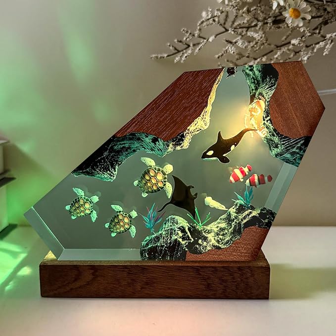 Killer Whale Ocean Resin Lamp, Handmade RGB Ocean Lamp with Wooden Base,Resin Art Lamp for Home Office Decor,Ocean Gifts for Women or Men,Unique Birthday Holiday Gifts for Mom Dad(L 10"X6")