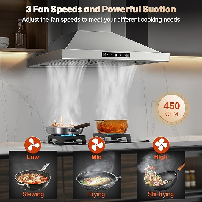 24 Inch Range Hood, Ducted/Ductless Range Hood 450CFM, Wall Mount Kitchen Hood in Stainless Steel, Gesture Sensing & Touch Control, 3 Speed Fan, 2 Pcs Baffle Filters