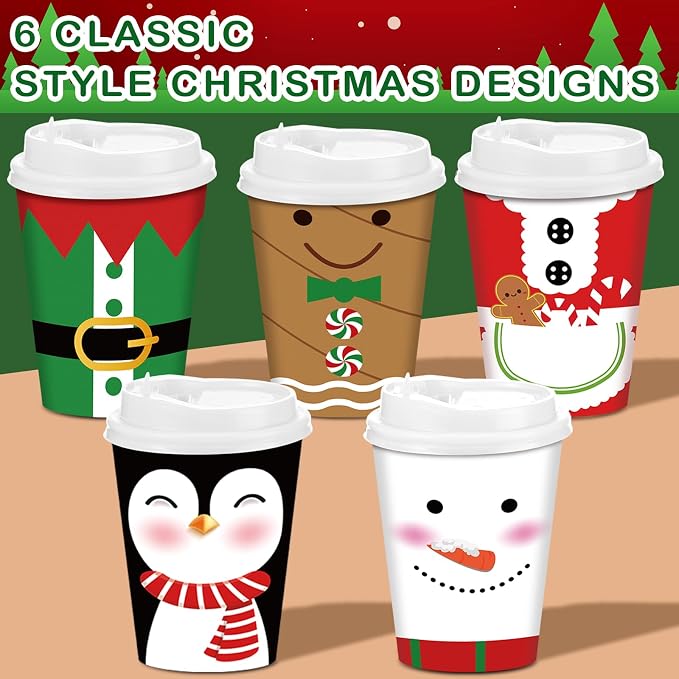 Gerrii 100 Set Christmas Paper Cups Disposable 12 oz with Lids Hot Chocolate Cups Coffee Cups Holiday Hot Cups for Hot and Cold Drinks Tea Water Bar Supplies Winter Season (Cute Style)