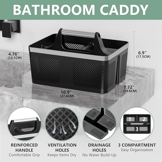 BYUNER Black Shower Caddy Portable: Plastic Bathroom Caddy Organizer with Handle and Holes, Cleaning Caddy, Hard Shower Basket Storage Tote for Toiletry, College Dorm Room Essentials for Men