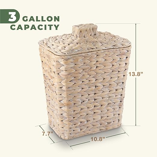 84ECO Wicker Trash Can with Lid and Liner - Rattan Trash Can for Bathroom - Decorative Wicker Waste Basket for Bedroom, Kitchen and Office (White)