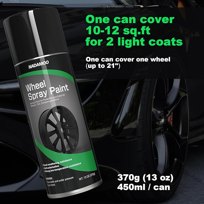 NADAMOO Aluminum Wheel Spray Paint, Semi-gloss Aerosol Car Rim Paint for Recolor and Protection of Metal Surface, Gloss Black, 4 Cans, 13 Oz Per Can