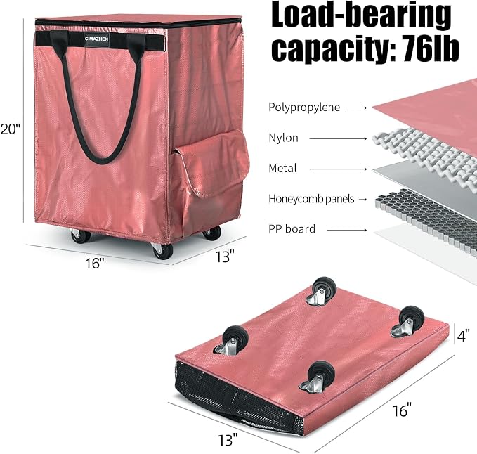 (Medium,Pink) Reusable Grocery Bag on 4 Wheels, 70L Foldable Rolling Tote Bag with 3 Handles and Zipper, Rolling Shopping Cart for Groceries, Storage, Laundry, Travel, Organizer, 76lb